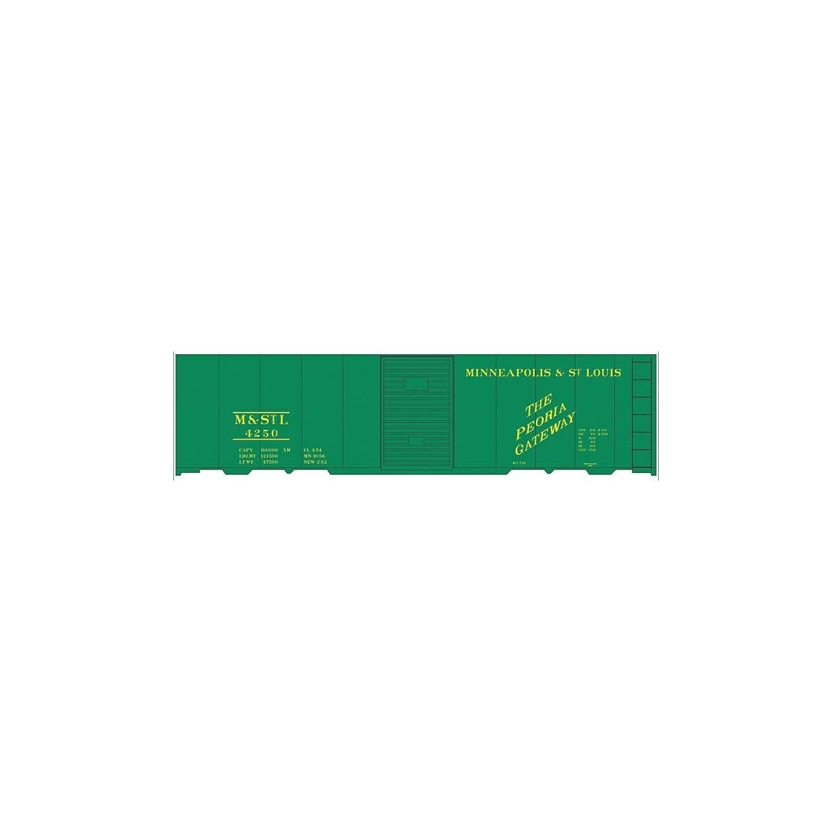 Railroad Decal Set -- Minneapolis & St. Louis 40′ Steel Boxcar (green Car, Peoria Gateway Slog, HO, Tichy Train Group 10244