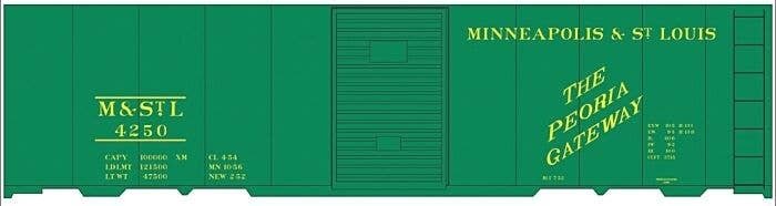 Railroad Decal Set -- Minneapolis & St. Louis 40′ Steel Boxcar (green Car, Peoria Gateway Slog, HO, Tichy Train Group 10244