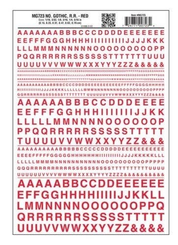 Dry Transfer Alphabet & Numbers - Railroad Gothic -- Red, All Scales, Woodland Scenics 723