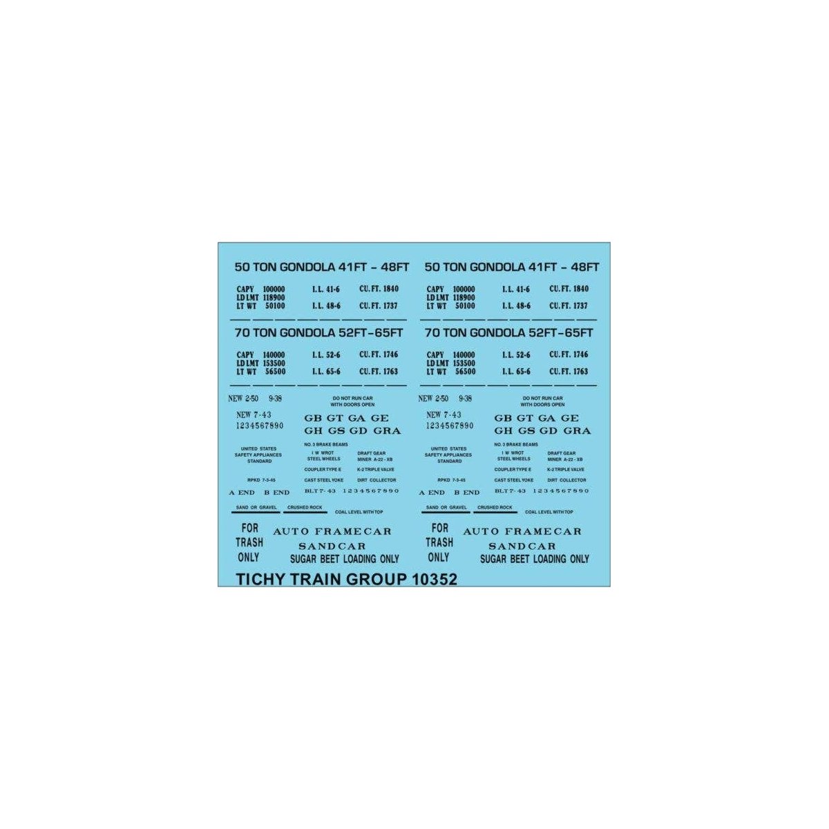 Railroad Decal Set -- 41`, 48`, 52` and 65` Steel Gondola Data (black), N, Tichy Train Group 10352N