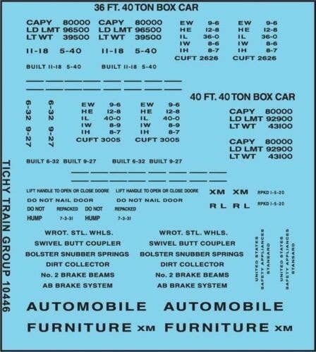 Railroad Decal Set -- 36`, 40` Boxcar Data, Gothic Lettering (black), N, Tichy Train Group 10446N