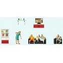 Family Watching Television -- 5 Figures & Living Room Furniture, HO, Preiser Kg 10649
