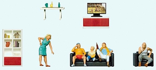 Family Watching Television -- 5 Figures & Living Room Furniture, HO, Preiser Kg 10649