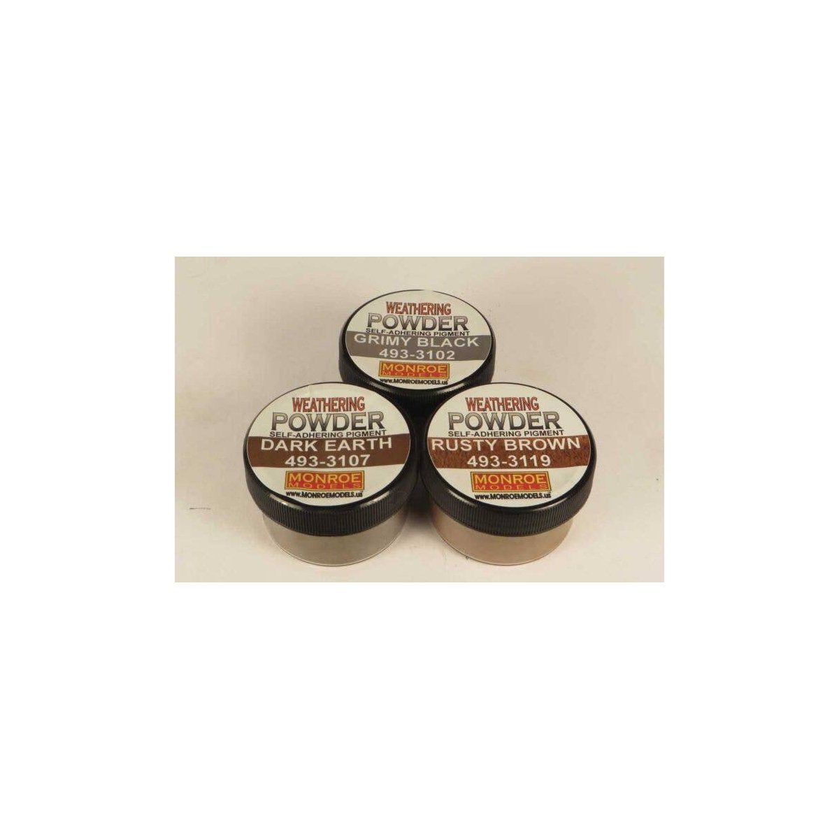 Grit & Grime Weathering Powder Set -- 1 Each: Grimy Black, Dark Earth, Rusty Brown, HO, Monroe Models 2912