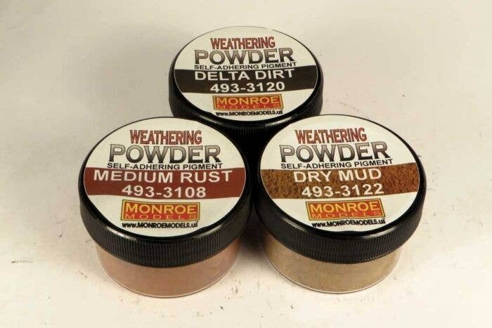 Dirt & Rust Weathering Powder Set -- 1 Each: Delta Dirt, Dry Mud, Medium Rust, HO, Monroe Models 2914
