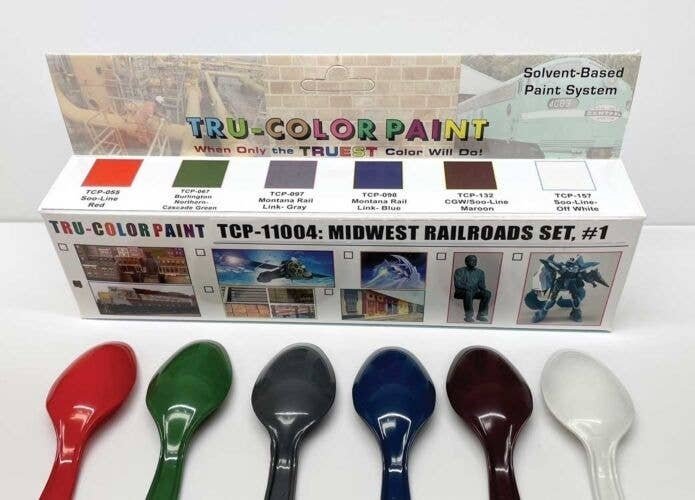 Midwest Railroads Paint Set -- Set 1 Includes SOO Red, SOO White, MRL Blue & Gray, BN Gr, All Scales, Tru-Color Paint 11004