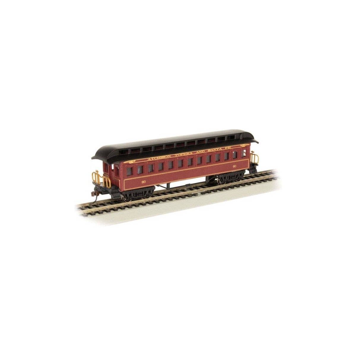 Old-Time Wood Coach with Round-End Clerestory Roof - Ready to Run -- Atchison, Topeka & Santa Fe 93 (Boxcar Red, black), HO, Bac