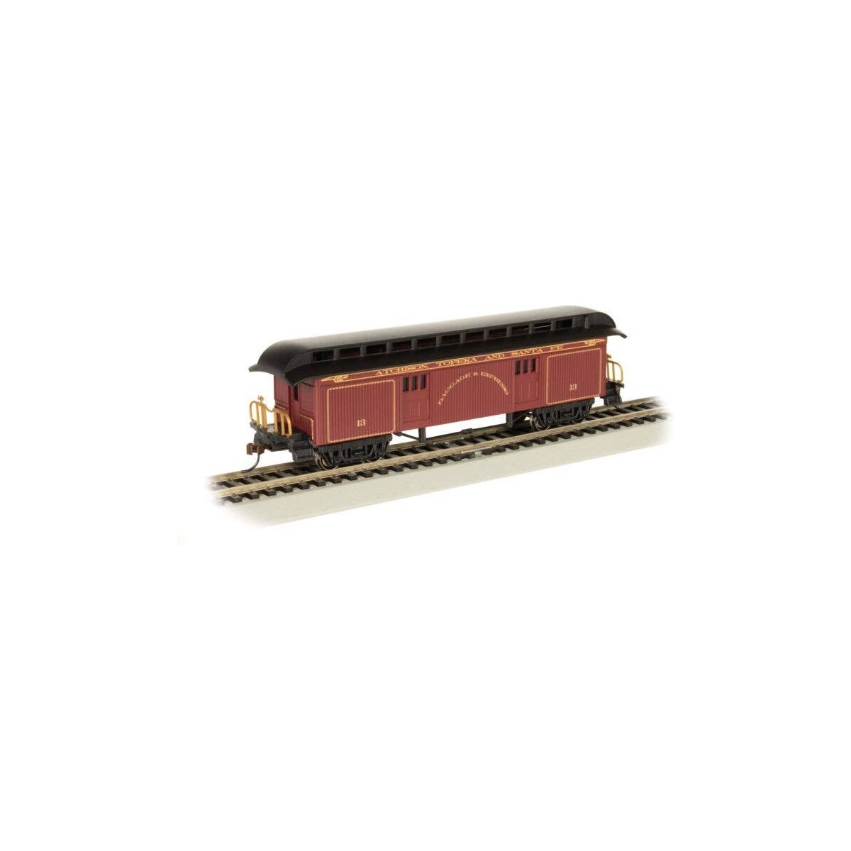 Old-Time Wood Baggage with Round-End Clerestory Roof - Ready to Run -- Atchison, Topeka & Santa Fe 13 (Boxcar Red, black), HO, B