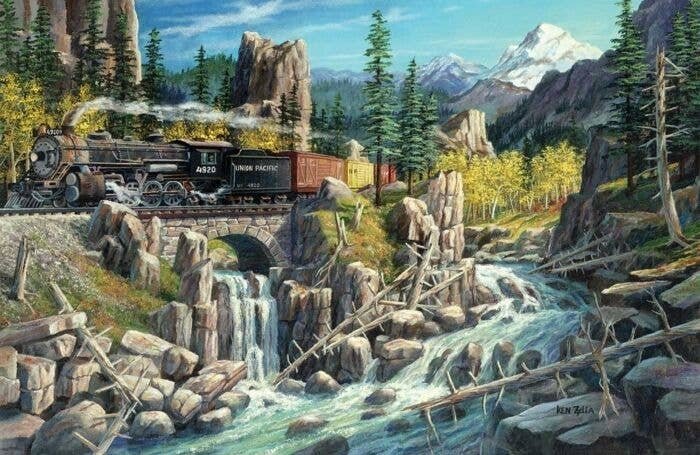 Rails West Jigsaw Puzzle -- 1000 Pieces, 19 x 30′ 48.3 x 76.2cm, All Scales, Train Enthusiast Vendors 37781