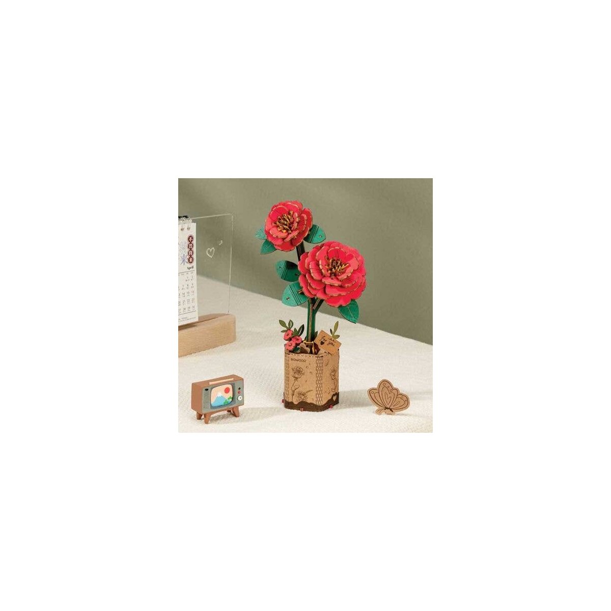 Red Camelia - Laser-Cut Wood Kit -- 3D Wooden Puzzle, All Scales, Robotime TW031