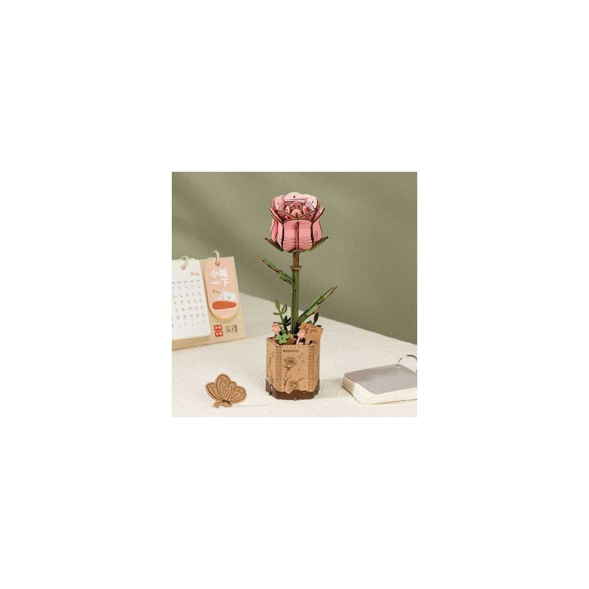 Pink Rose - Laser-Cut Wood Kit -- 3D Wooden Puzzle, All Scales, Robotime TW041