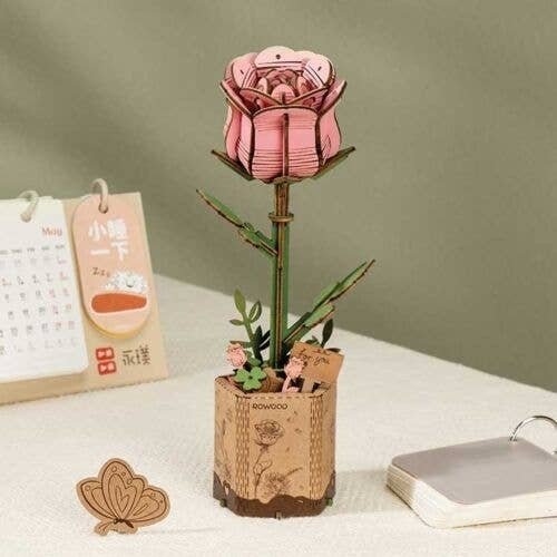 Pink Rose - Laser-Cut Wood Kit -- 3D Wooden Puzzle, All Scales, Robotime TW041