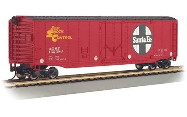 50′ Plug-Door Boxcar - Ready to Run - Silver Series(R) -- Santa Fe 152086 (red, black, white, HO, Bachmann Industries 18016