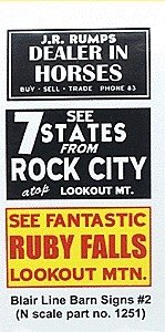 Barn Sign Decals -- Set 2 - Dealer In Horses, See Ruby Falls, See Rock City, N, Blair Line 1251