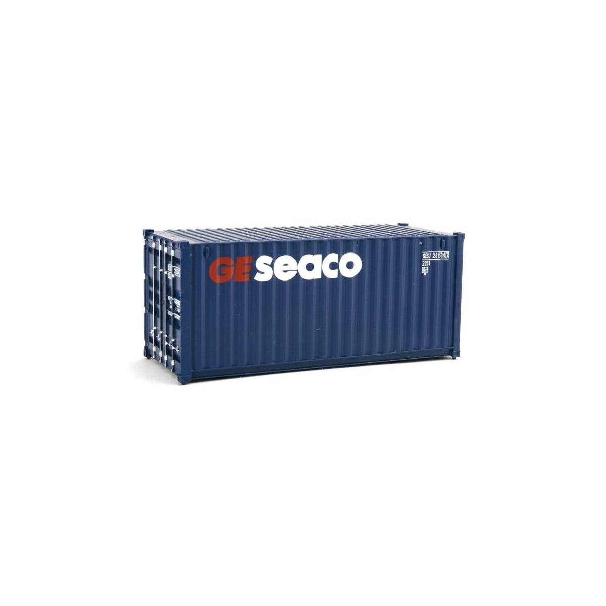 20′ Corrugated Container - Assembled -- GE Seaco (blue, white, red), HO, Walthers SceneMaster 8064