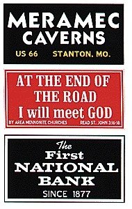 Barn Sign Decals -- Set 3 - Meramec Caverns, Will Meet God, First National Bank, HO, Blair Line 2252