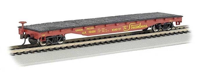 52′ Flatcar - Ready to Run - Silver Series(R) -- Union Pacific 59486 (Boxcar Red, yellow Str, HO, Bachmann Industries 17303