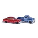 1950s Chevy Pickup & Buick 2-Door Set - Assembled -- Metallic Blue truck, Metallic Red car, N, Busch Gmbh & Co Kg 8349