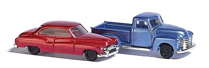 1950s Chevy Pickup & Buick 2-Door Set - Assembled -- Metallic Blue truck, Metallic Red car, N, Busch Gmbh & Co Kg 8349