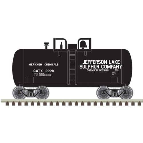 28′ Beer Can Shorty Tank Car - Ready to Run -- Jefferson Lake Sulphur GATX 2228 (black, white), N, Trainman 50006877