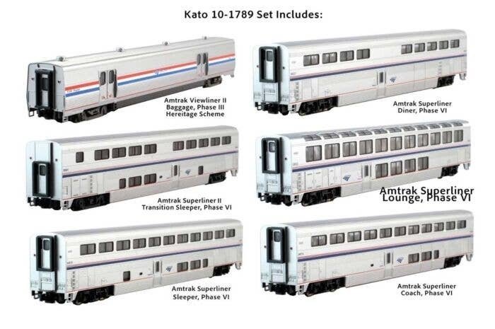 Viewliner Baggage & 5 Superliner Car Bookcase Set -- Amtrak (Phase VI silver, blue, red), N, Kato USA Inc 101789