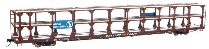 89′ Flatcar w/Tri-Level Open Auto Rack - Ready to Run -- Great Northern Rack Trailer-Train Flatc, HO, WalthersMainline 8211