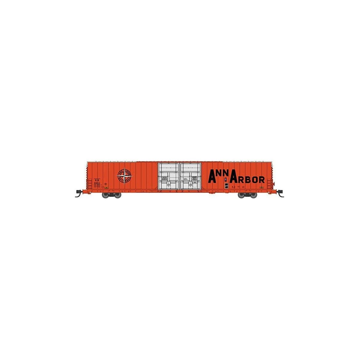 Pullman-Standard 86′ Auto Parts Double-Door Boxcar - Ready to Run -- Ann Arbor 69012 (orange, black, N, Bluford Shops 86710