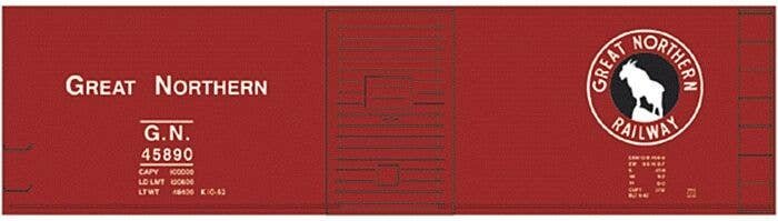 Railroad Decal Set -- Great Northern 40′ Steel Boxcar (Boxcar Red Car, Rocky Silhouette), HO, Tichy Train Group 10084