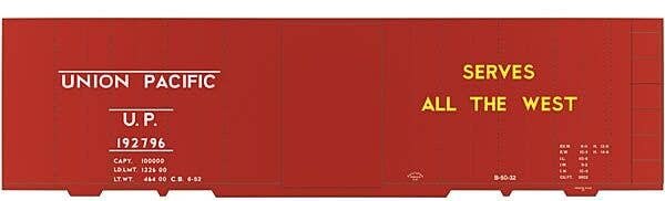 Railroad Decal Set -- Union Pacific 40′ Steel Boxcar (Serves all the West, White & Yellow Letterin, HO, Tichy Train Group 1013