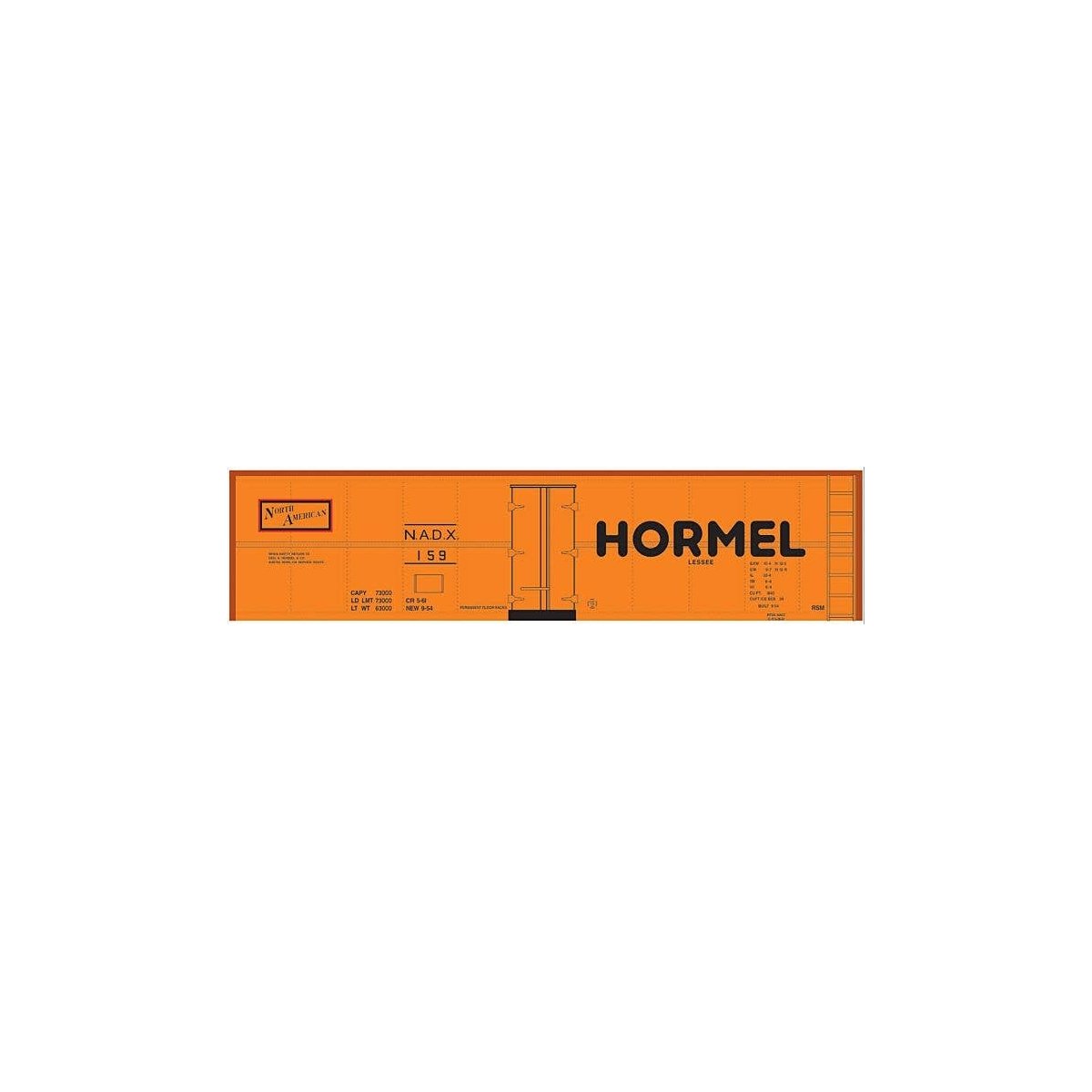 Railroad Decal Set -- Hormel NADX 40′ Steel Reefer (orange Car, Medium Hormel, North American Logo, HO, Tichy Train Group 1021