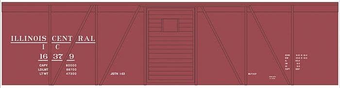 Railroad Decal Set -- Illinois Central 40′ Single-Door Single-Sheathed Boxcar (Boxcar Red, No Logo, HO, Tichy Train Group 1023