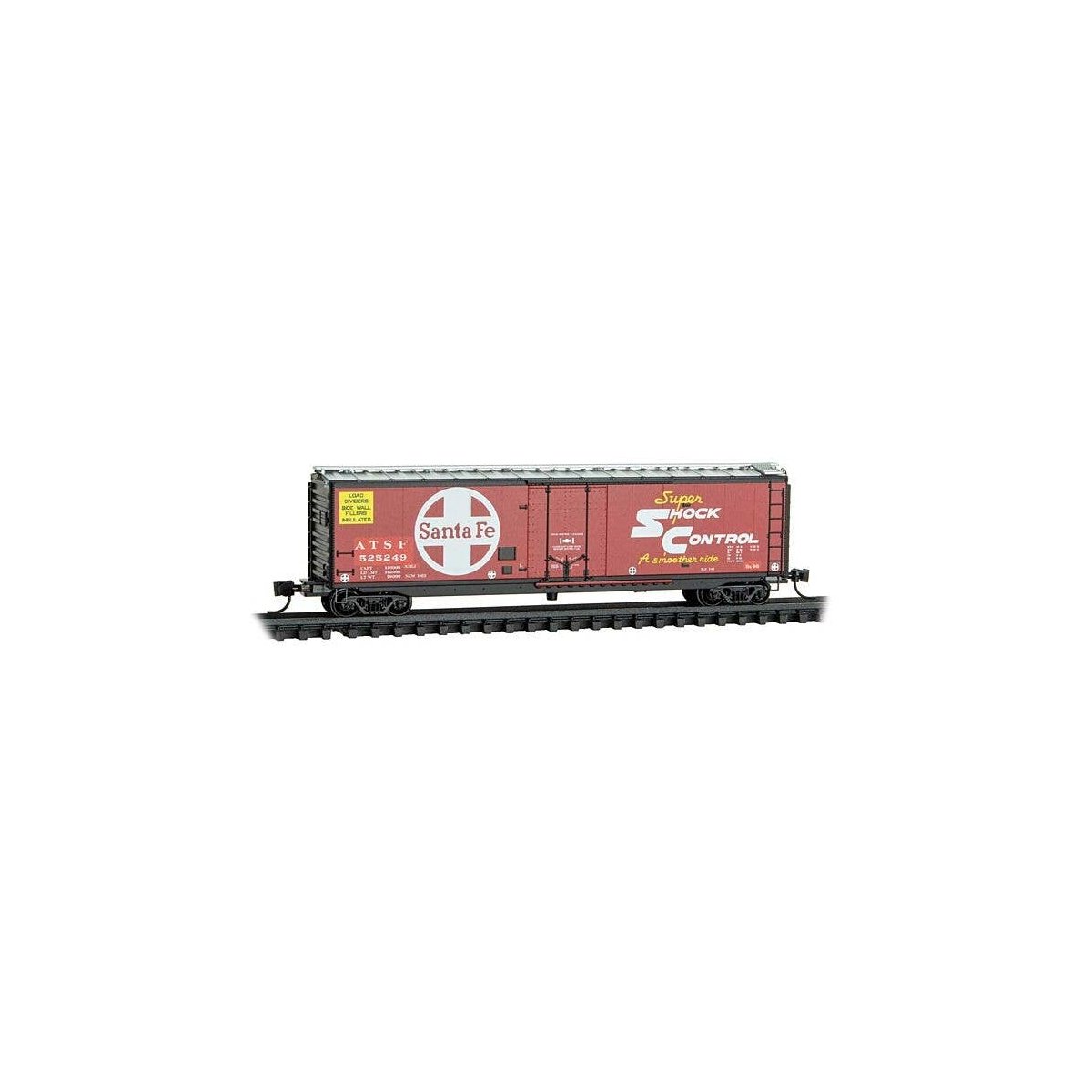 50′ Plug-Door Boxcar - Ready to Run -- Santa Fe 525249 (red, silver, white, black ends, large, N, Micro Trains Line 3200620