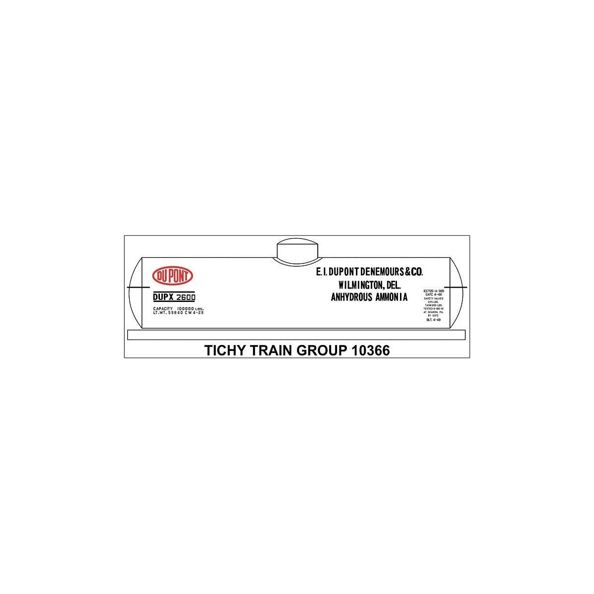 Railroad Decal Set -- DuPont Chemical DUPX Tank Car (white car, Anhydrous Ammonia), HO, Tichy Train Group 10366
