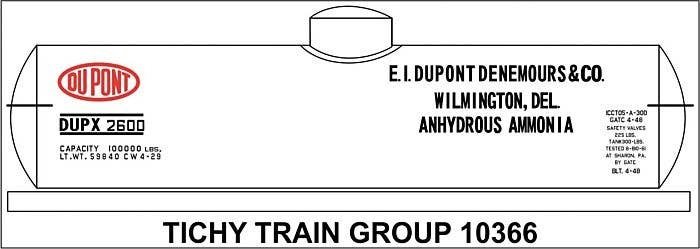 Railroad Decal Set -- DuPont Chemical DUPX Tank Car (white car, Anhydrous Ammonia), N, Tichy Train Group 10366N