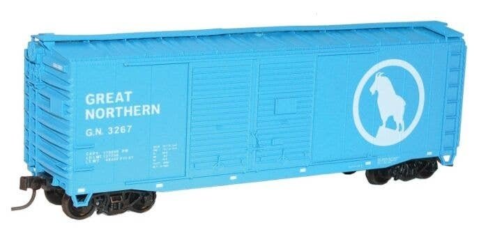 AAR 40′ Double-Door Boxcar - Kit -- Great Northern 3267 (Big Sky Blue, white Large Silhouette Rocky , HO, Accurail Inc 3634