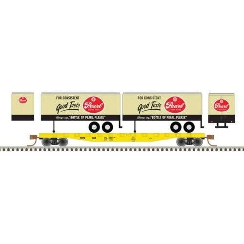 50` Piggyback Flatcar w/Two 24` Trailers - Ready to Run -- Texas Transportation Co. 107 (Pearl Traile, N, Trainman 50006512