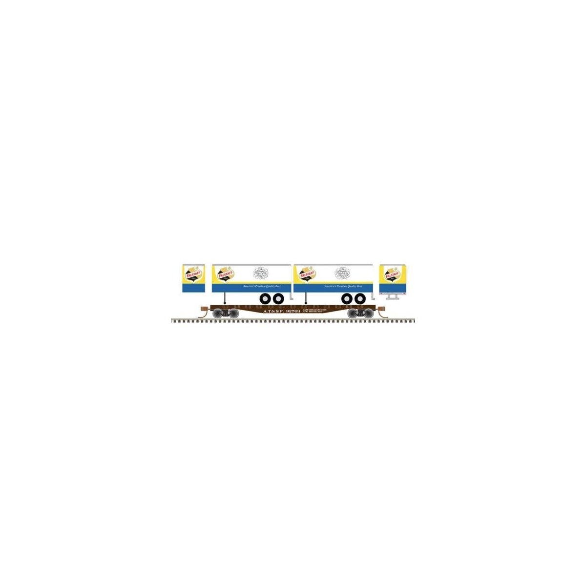 50` Piggyback Flatcar w/Two 24` Trailers - Ready to Run -- Santa Fe 95763 (Falstaff Trailers white, b, N, Trainman 50006506