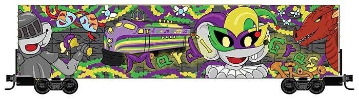 Modified 60′ Excess-Height Double-Plug-Door Boxcar - Ready-to-Run -- Micro-Mouse Mardi Gras , N, Micro Trains Line 10200310