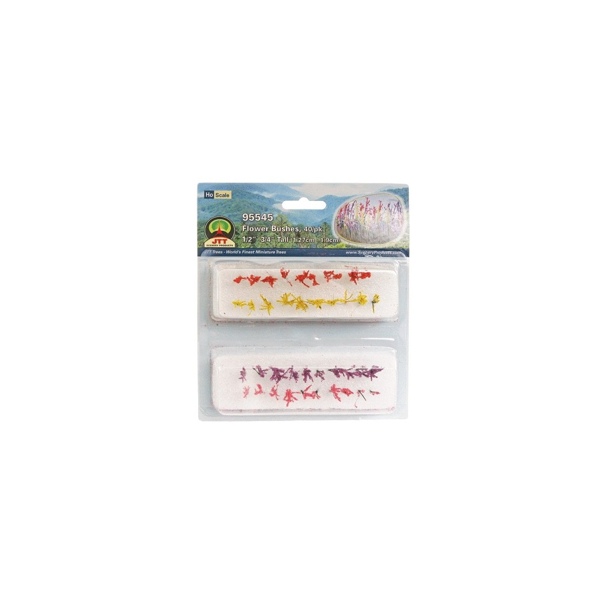 Flower Bushes -- 1/2 to 3/4′ 1.3 to 1.9cm Tall (red, pink, yellow, purple) pkg(40), HO, JTT Miniature Tree 95545