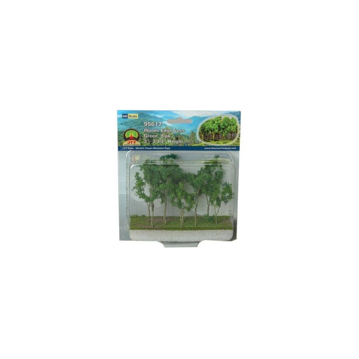 Woods Edge Trees -- Green - 3 to 3-1/2′ 7.6 to 8.9cm pkg(9), ALL, JTT Miniature Tree 95617