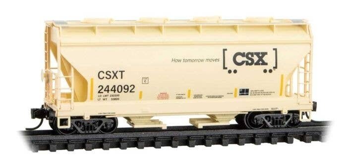 ACF 39′ 2-Bay Center-Flow Covered Hopper - Round Hatches - Ready to Run -- CSX 244092 (beige,, N, Micro Trains Line 9200650