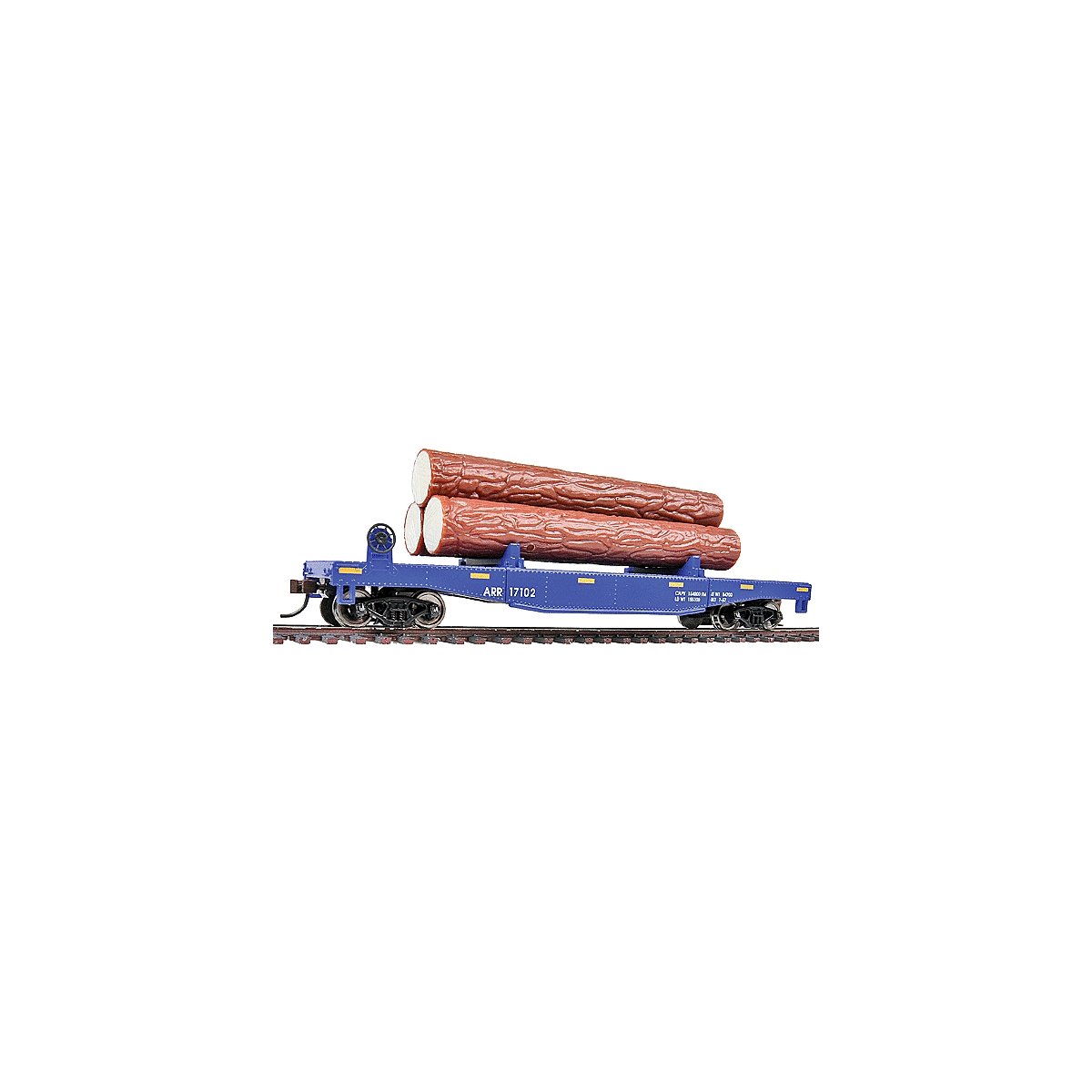 Log Dump Car with 3 Logs - Ready to Run -- Alaska Railroad 17102 (blue, yellow Conspicuity Mark, HO, WalthersTrainline 1770