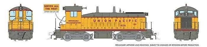 EMD SW9 - ESU LokSound and DCC -- Union Pacific 1838 (As-Delivered, Armour Yellow, gray, red, , HO, Rapido Trains Inc 27596