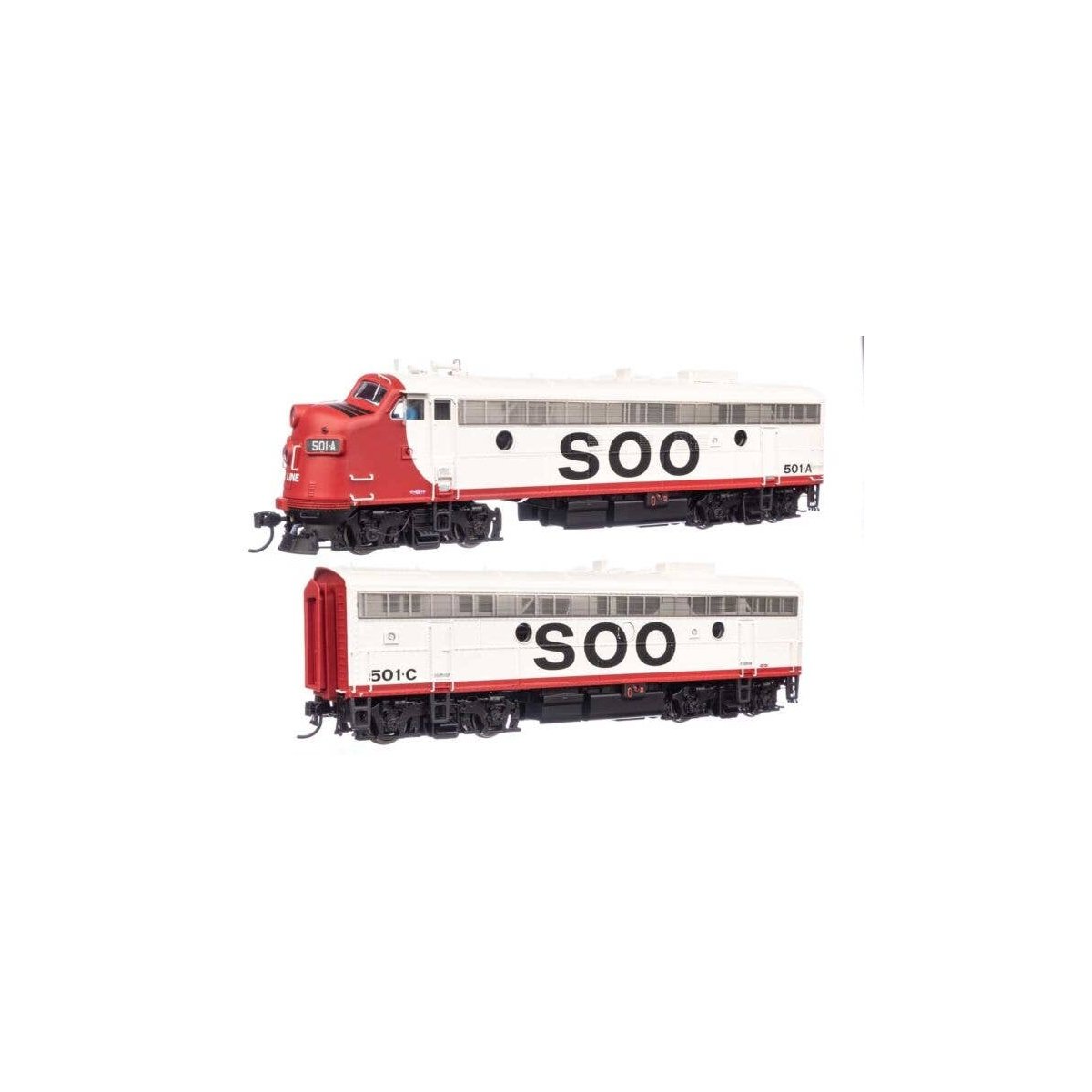 EMD FP7 & F7B Standard DC -- Soo Line 501A & 501C (white, red, black), HO, WalthersProto 49554