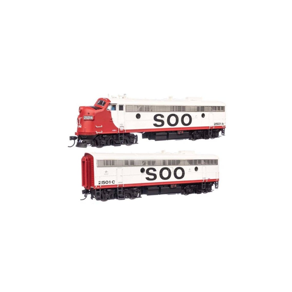 EMD FP7 & F7B Standard DC -- Soo Line 2501A & 2501C (white, red, black), HO, WalthersProto 49555