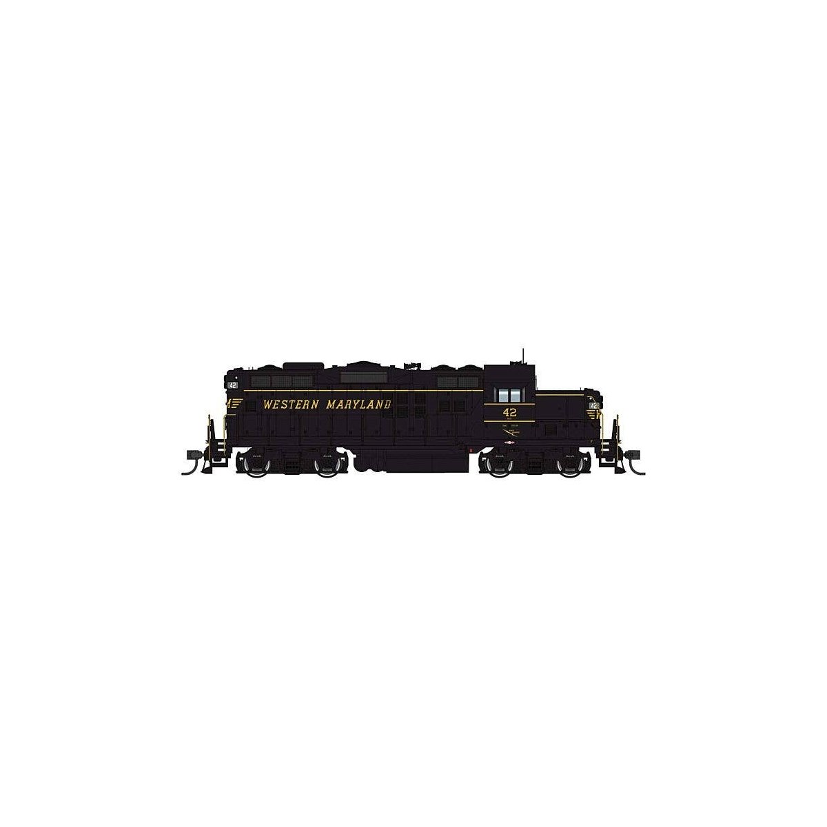EMD GP9 Phase II - Standard DC -- Western Maryland 42 - Black - Speed Lettering, HO, WalthersProto 49735