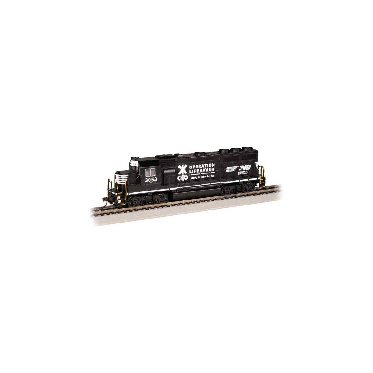 EMD GP40 - Standard DC -- Norfolk Southern 3053 (black, white, Operation Lifesaver), HO, Bachmann Industries 63535