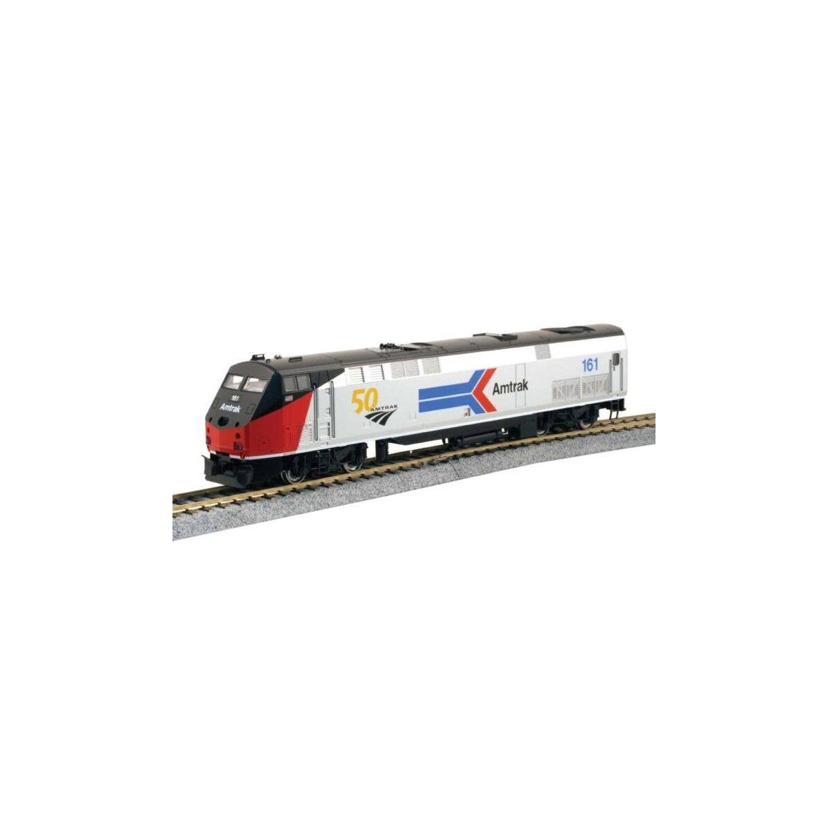 GE P42 Genesis - Standard DC -- Amtrak 161 (50th Anniversary Scheme, Phase I silver, red, black, b, HO, Kato USA Inc 376114
