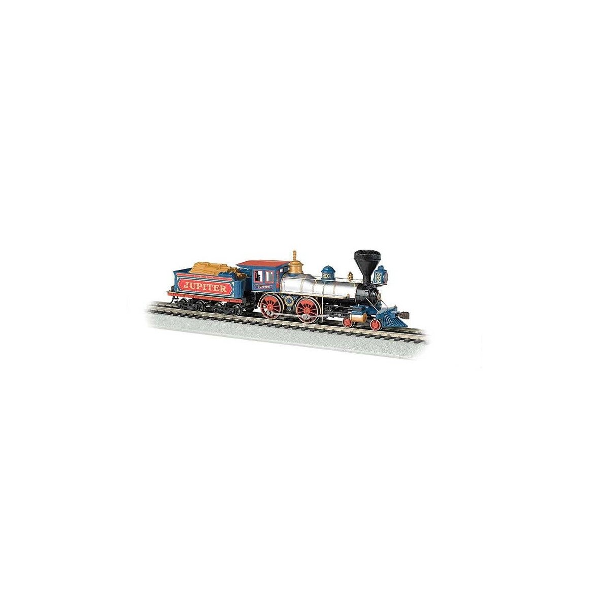4-4-0 w/Wood Tender Load - Standard DC -- Central Pacific `Jupiter` (silver, black, blue, re, HO, Bachmann Industries 51003