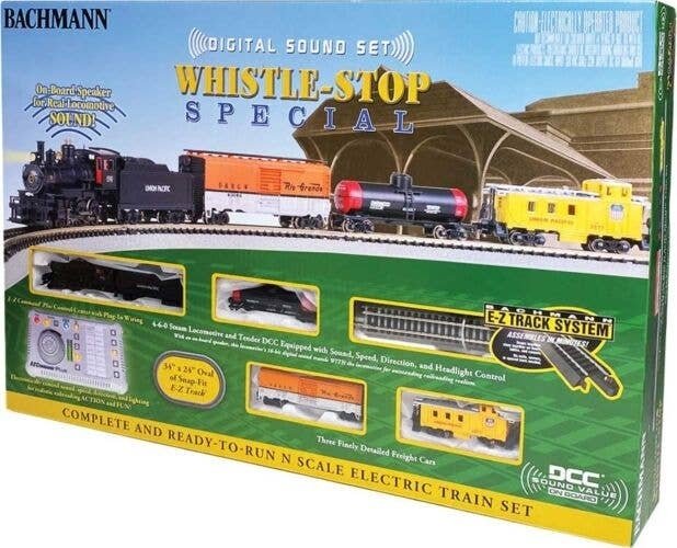 Whistle Stop Steam Train Set - Sound and DCC -- Union Pacific 4-6-0, 3 Cars, E-Z Track Oval, , N, Bachmann Industries 24133